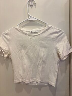 Zara White Short Sleeve Crewneck Crop Top